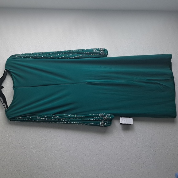 Marina Boat Neck Long Beaded Elastic Cuff Sleeve Matte Jersey Back Slit MidDress - Picture 8 of 12